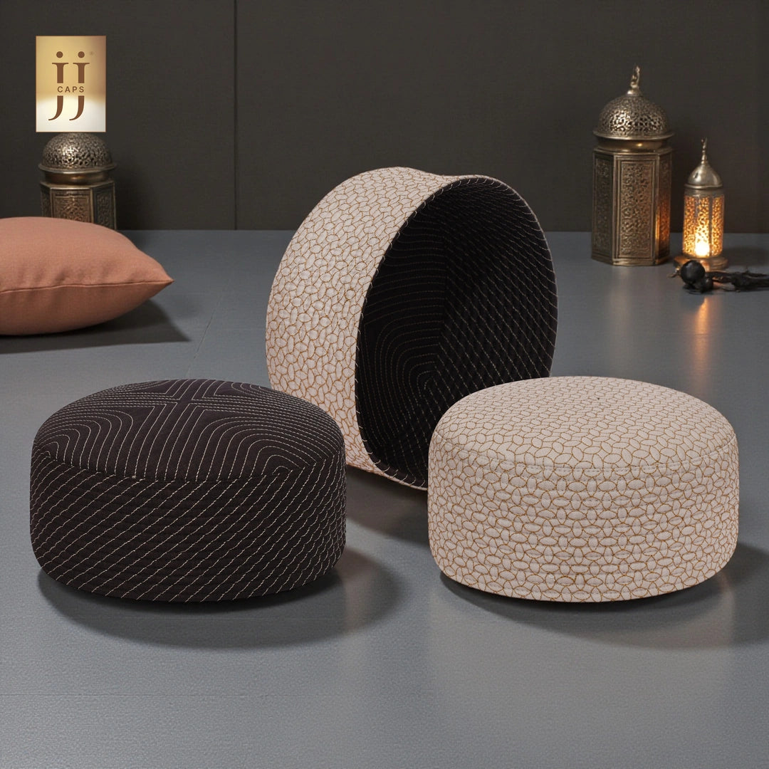 HayaStyle reversible Kufi cap in Light Brown color fabric with geometric Sham design.