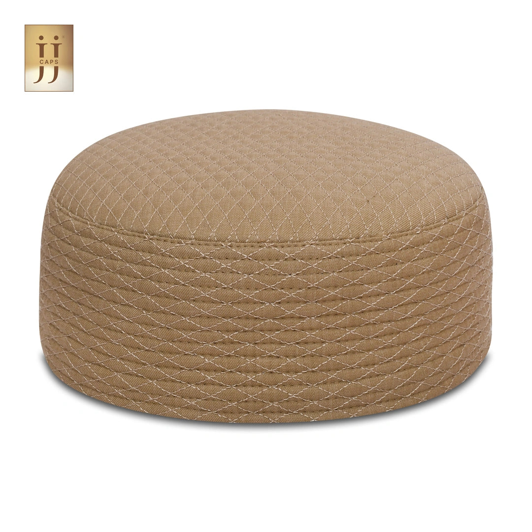 Sand Beige color fabric Kufi cap with Al-Khalil pearl-inspired design by HayaStyle.