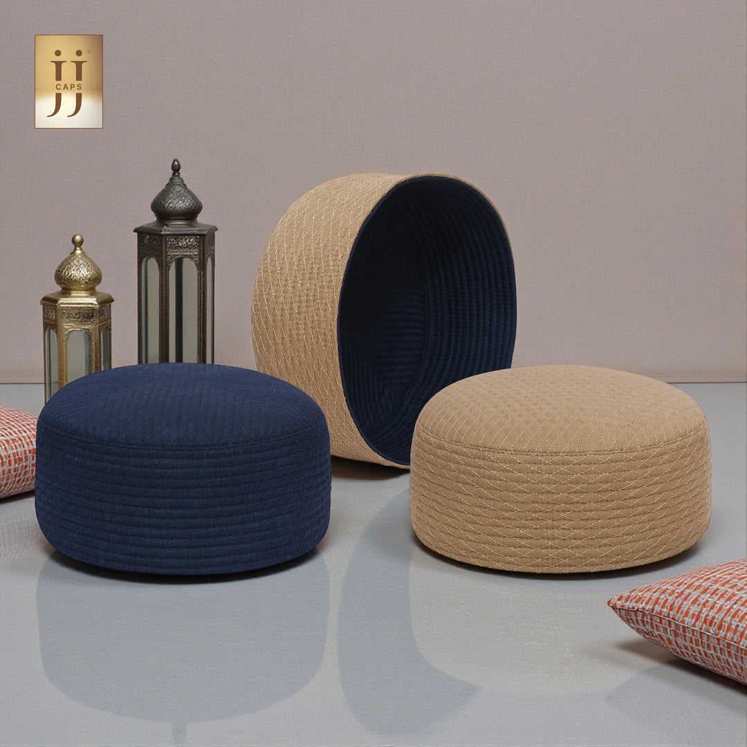 Premium 2 in 1 Namaz Cap showing the contrast between Sand Beige and Navy Blue fabric.