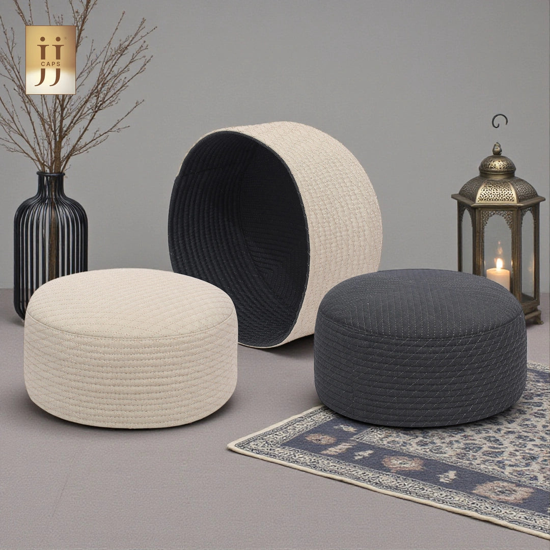 Premium 2 in 1 Namaz Premium Cap in Ivory and Gray colors by HayaStyle.