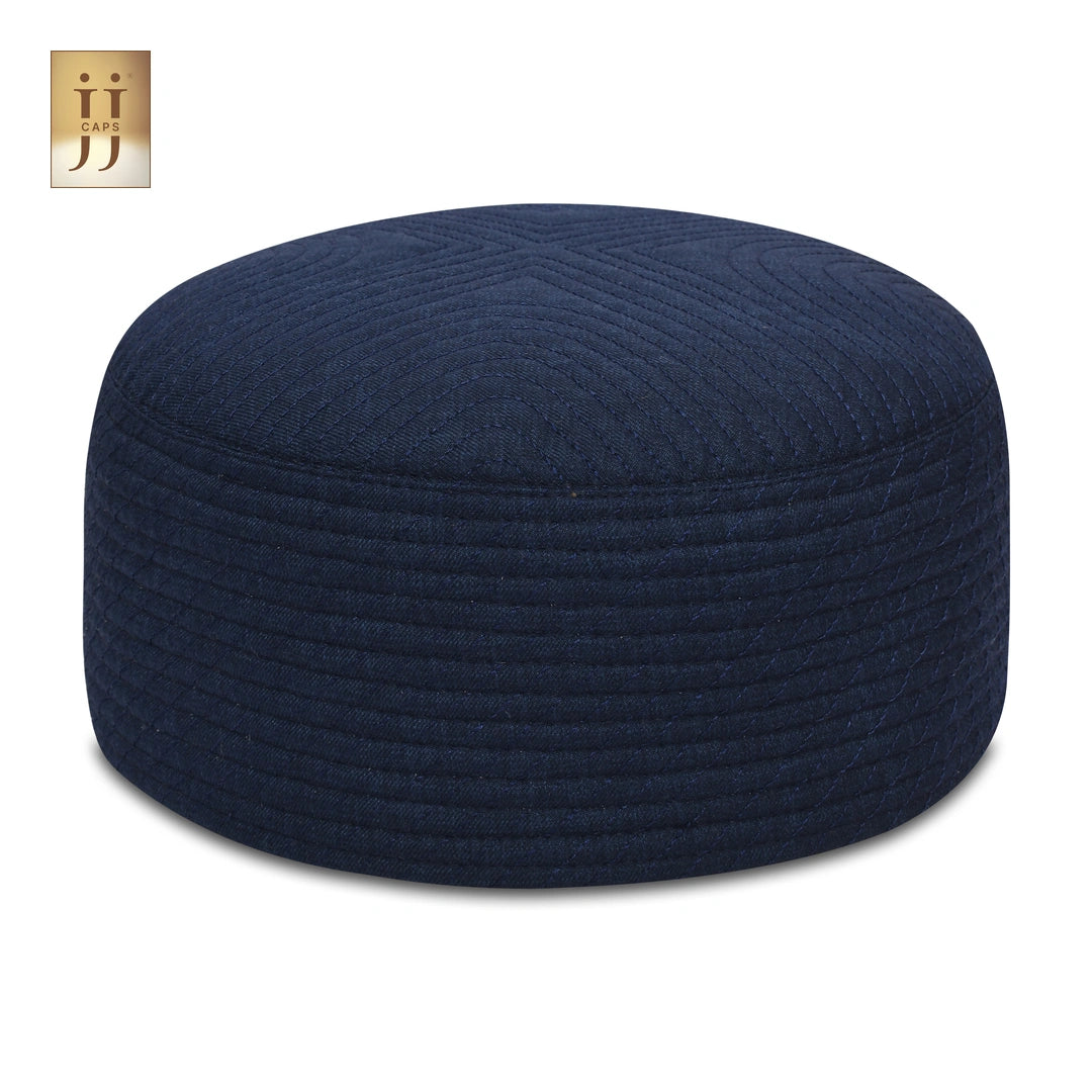 Navy Blue color fabric featuring the ripple-inspired ZamZam design on a HayaStyle Namaz cap.