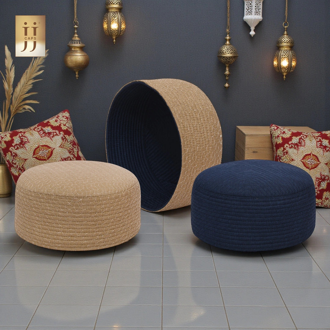 2 in 1 Namaz Premium Cap showing both Sand Beige Sham and Navy Blue ZamZam reversible sides.