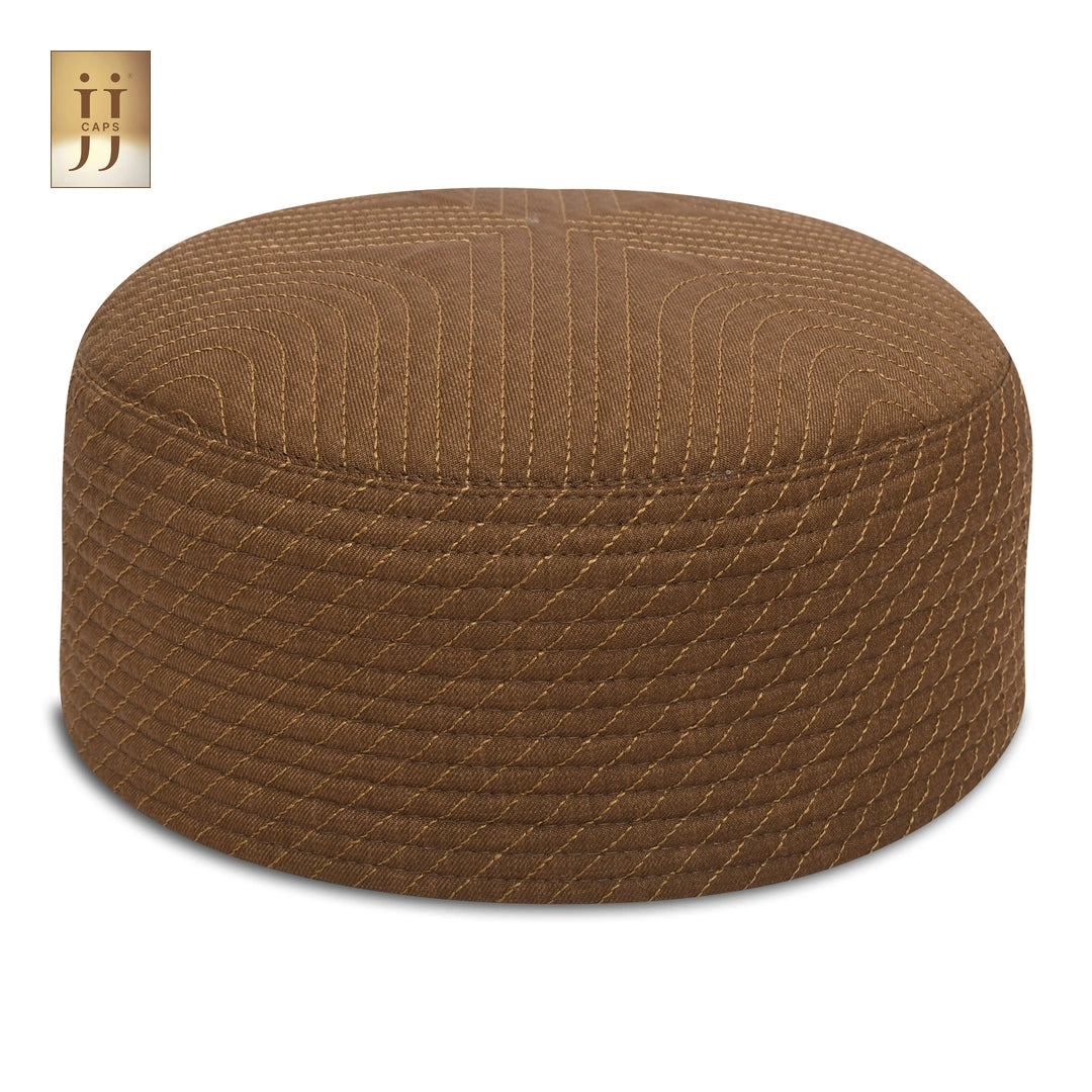 Reverse side of HayaStyle Kufi in Olive Brown color fabric featuring fluid ZamZam pattern.