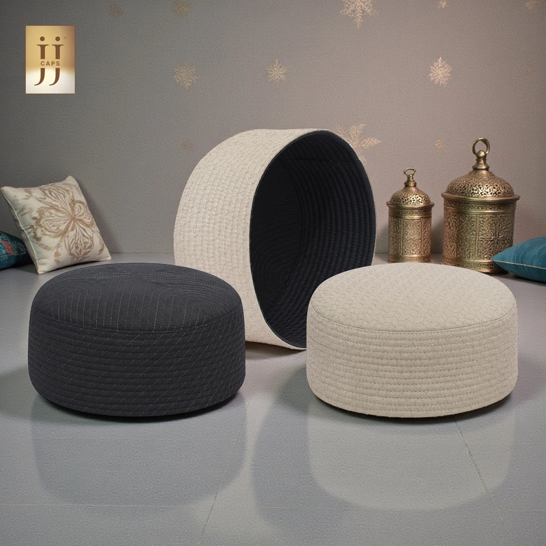 2 in 1 Namaz Premium Cap by HayaStyle, showcasing Ivory and Gray reversible sides.