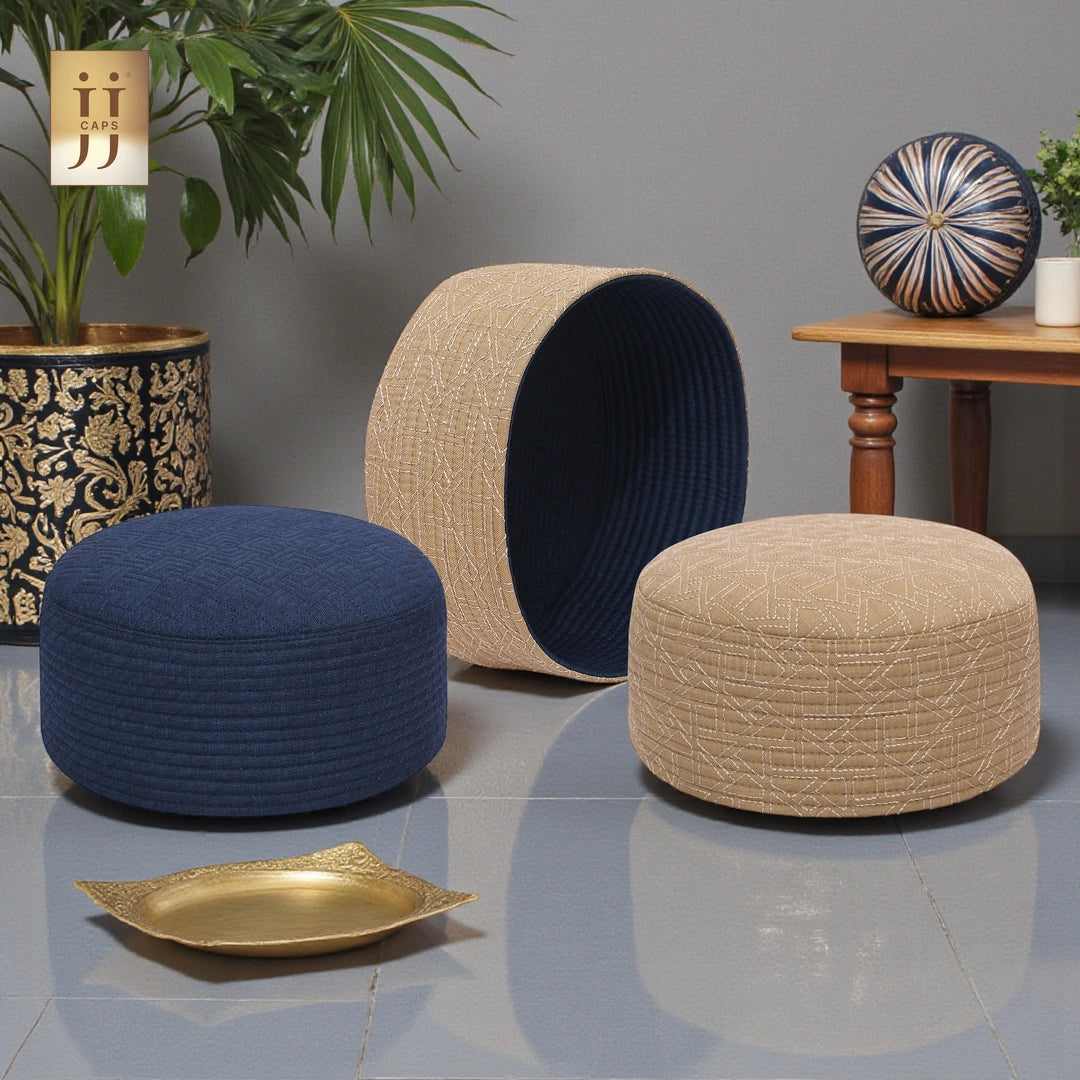 JJ Caps® reversible Namaz Topi in Sand Beige and Navy Blue for versatile styling.