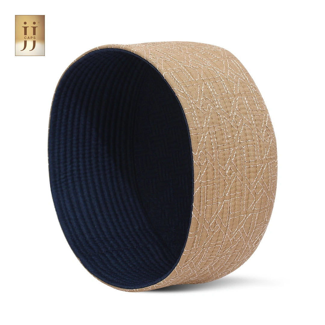 Intricate Riyad garden-inspired pattern on a premium HayaStyle Sand Beige Kufi.