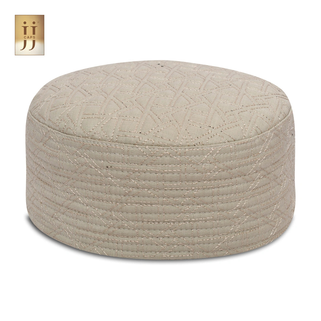 HayaStyle Ivory color fabric Kufi cap with Riyad garden-inspired design.