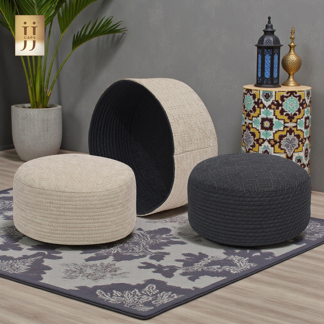 Premium 2 in 1 Namaz Premium Cap by HayaStyle, showcasing Ivory and Gray reversible sides.