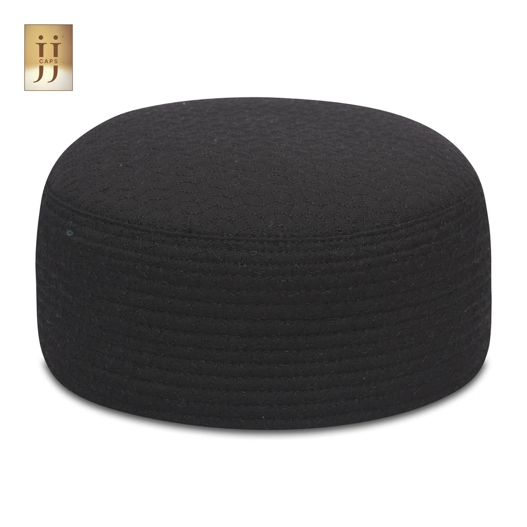 Reverse side of HayaStyle Namaz cap in Black color fabric with fluid ZamZam ripple pattern.