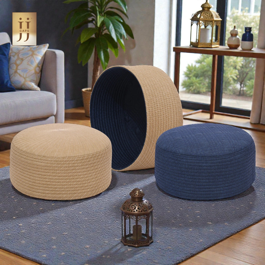 Premium 2 in 1 Namaz Premium Cap by HayaStyle, showing both Sand Beige and Navy Blue sides.