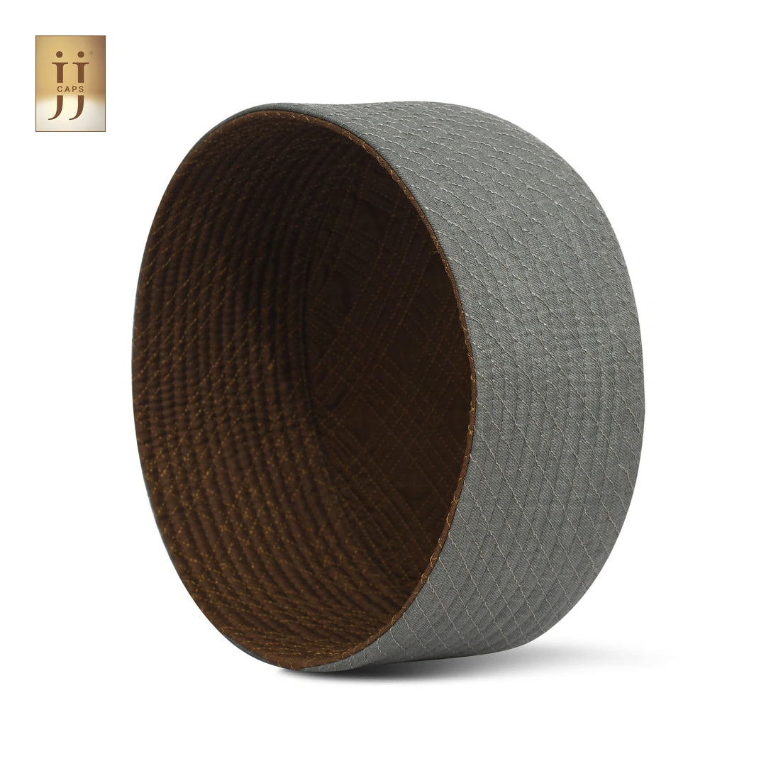 Junaid Jamshed inspired JJ Topi in Soft Sage Siraj and Olive Brown Uhud patterns for formal Islamic wear.