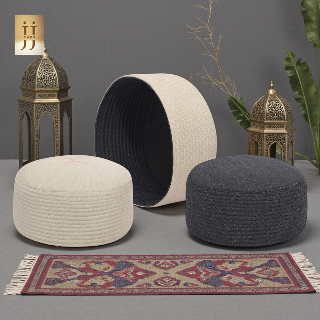 The intricate Siraj pattern on Ivory fabric, showcasing the premium quality of HayaStyle JJ Caps®.