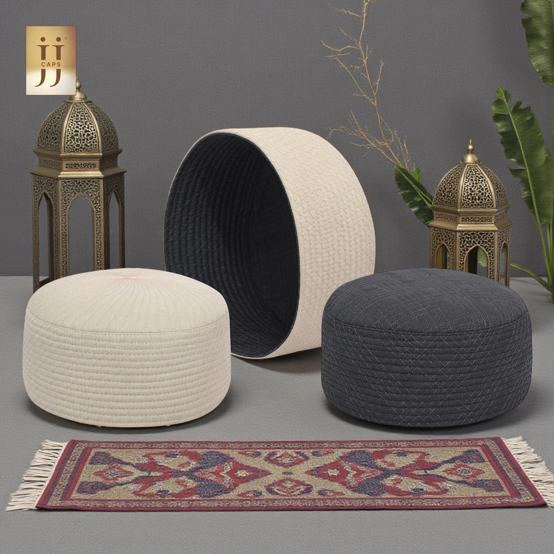 The intricate Siraj pattern on Ivory fabric, showcasing the premium quality of HayaStyle JJ Caps®.