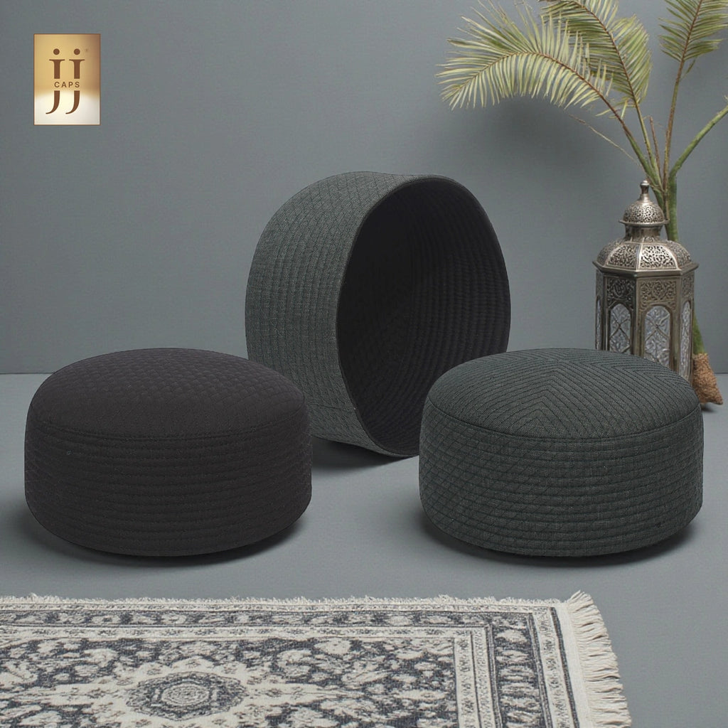 HayaStyle reversible Kufi cap in Black color fabric with Al-Khalil design.
