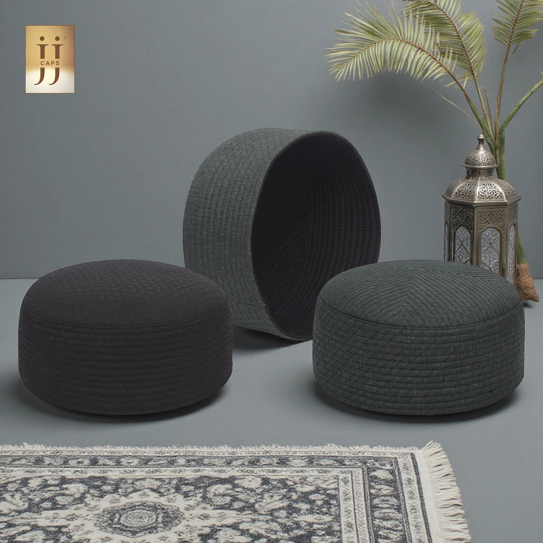 HayaStyle reversible Kufi cap in Black color fabric with Al-Khalil design.