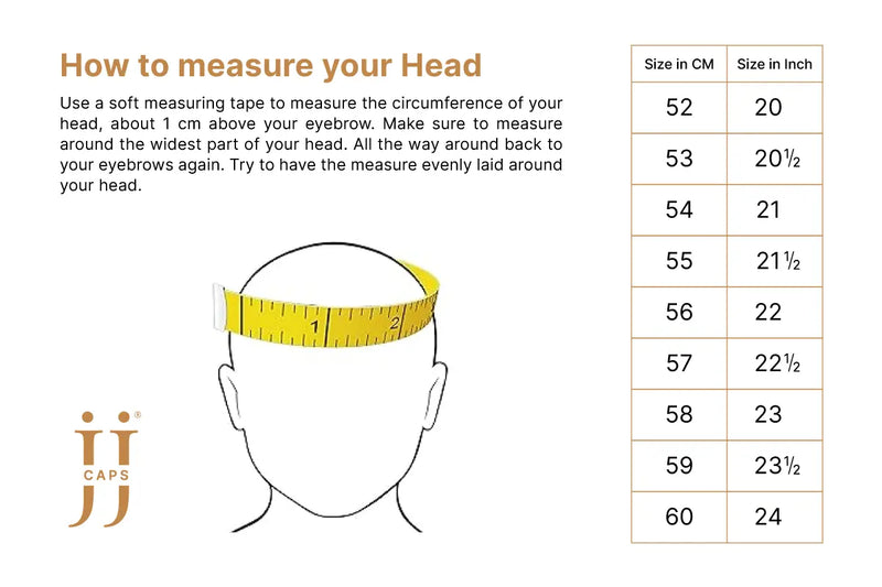 Size Chart for JJ Caps - Premium Reversible Kufi Namaz CapsDual-Style Gray Gaza & Pista Faris Kufi Cap | JJ Caps®
