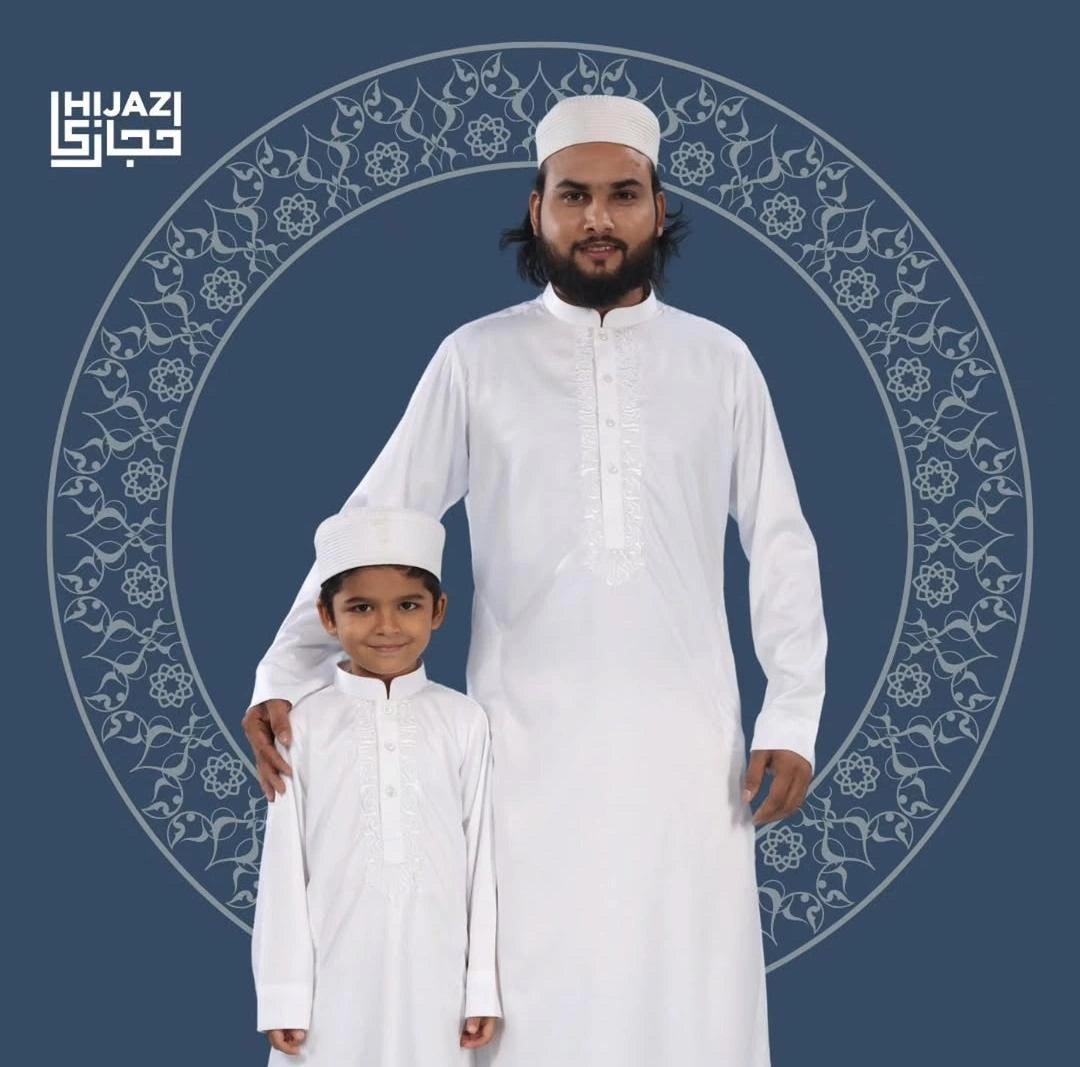 Premium Designer Thobe – White Embroidery By Hijazi