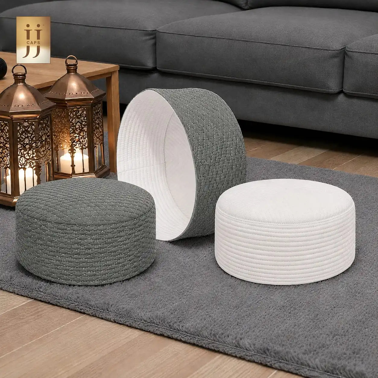 Premium Reversible Light Gray Al-Khalil & White Faris Kufi Cap | JJ Caps®