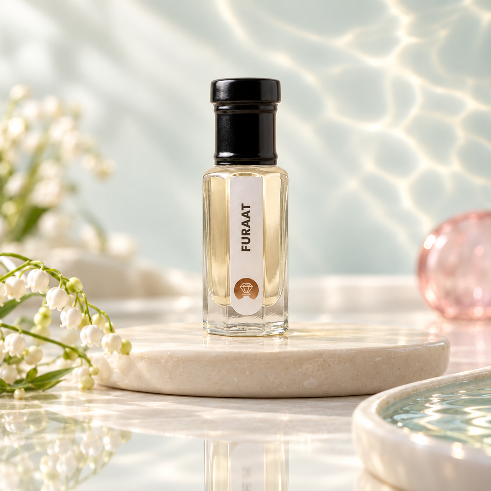 Furaat by Ibn Arabi 6ml attar bottle, front view in the pearl-water morning studio setting.