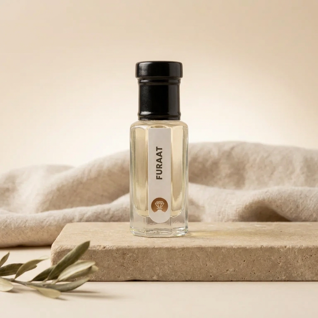 Furaat by Ibn Arabi 6ml attar bottle, front view on a stone display.