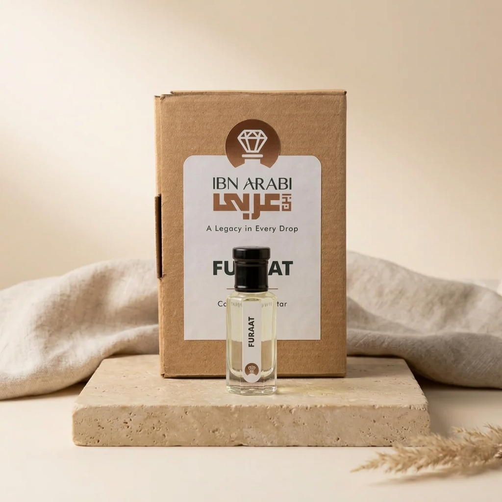 Furaat by Ibn Arabi 6ml attar bottle beside its labelled packaging box.