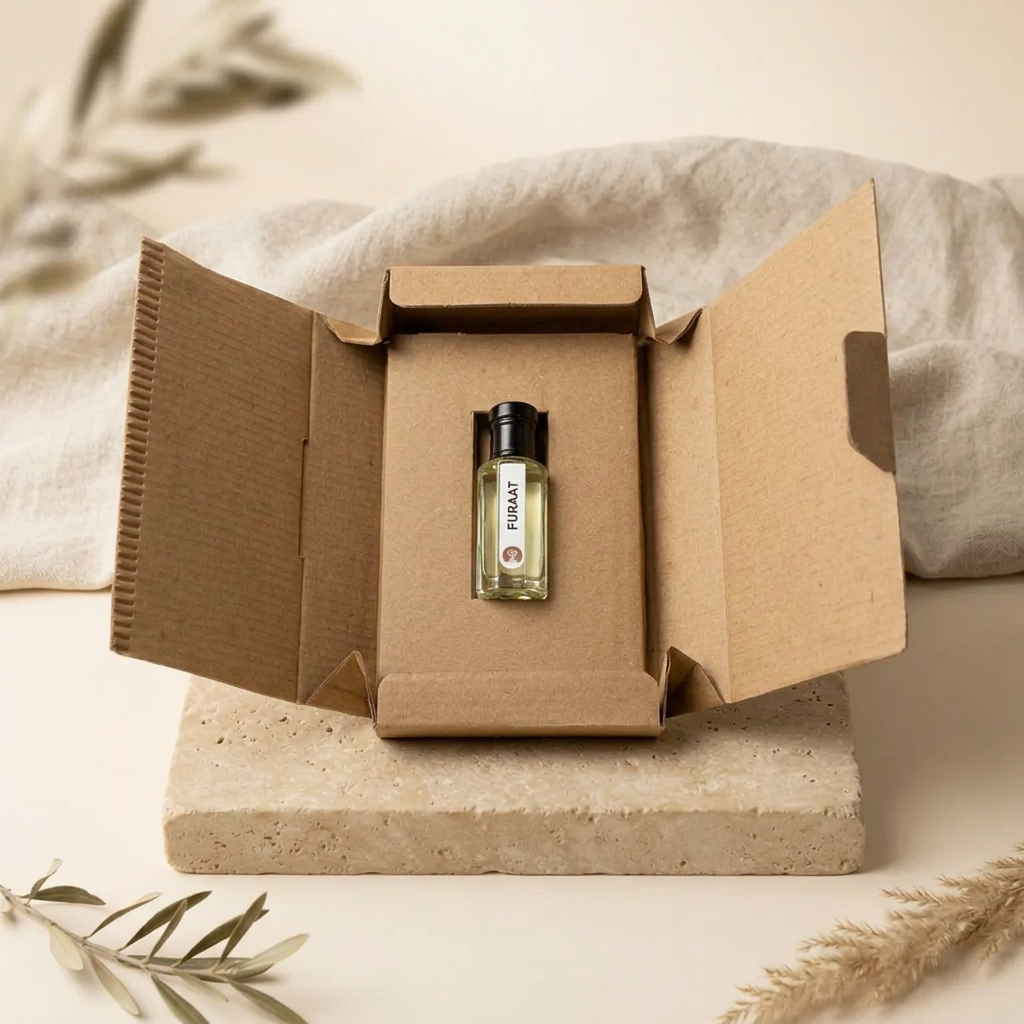 Furaat by Ibn Arabi 6ml attar bottle presented inside its open packaging box.