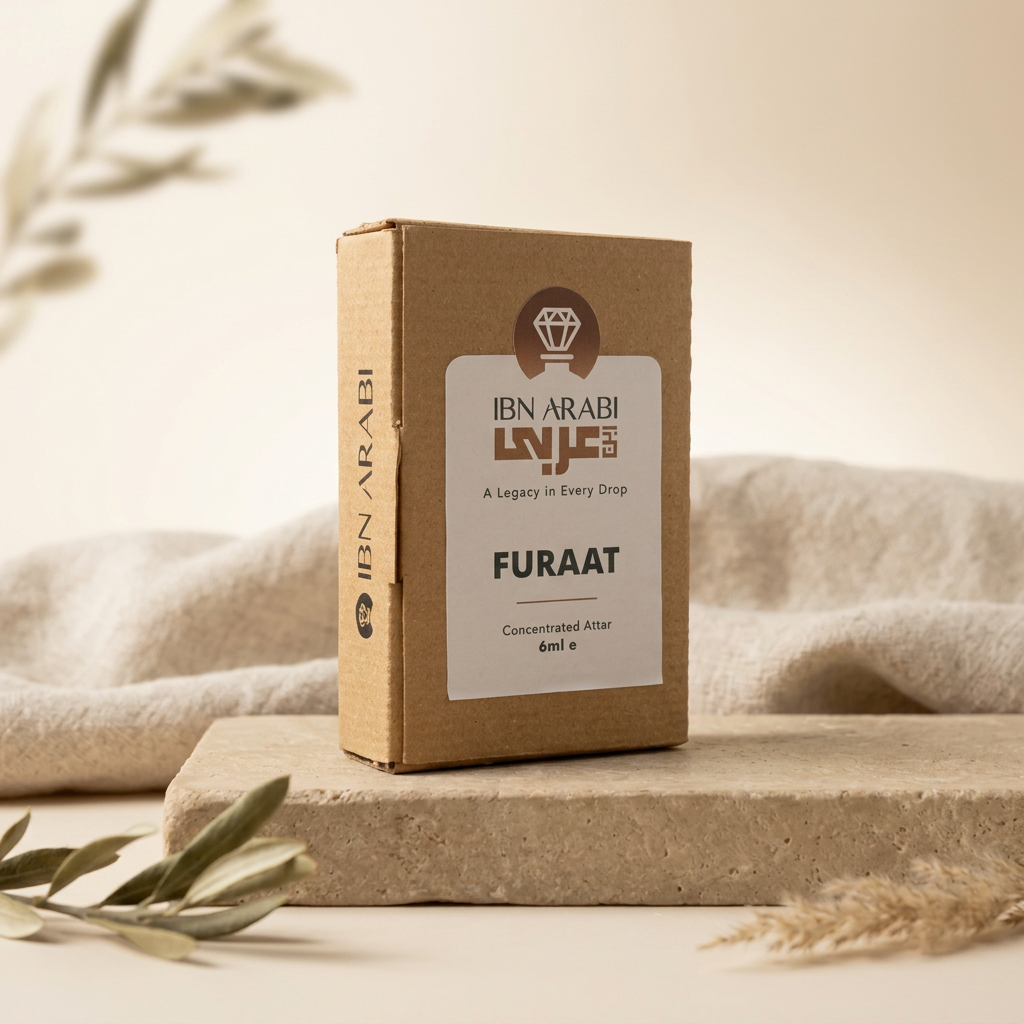 Furaat by Ibn Arabi 6ml attar packaging box, angled view.