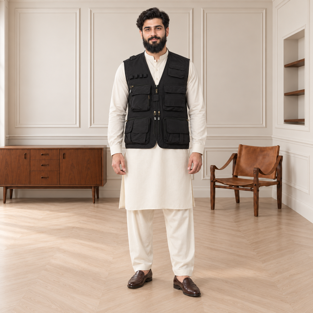 Black Afghani Style Jacket for men – model front full