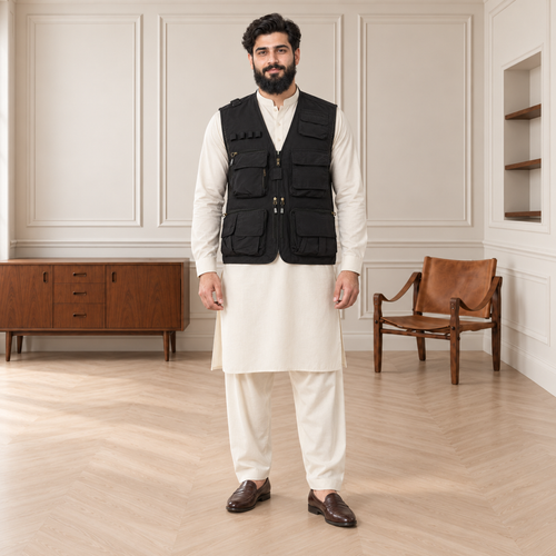 Black Afghani Style Jacket for men – model front full