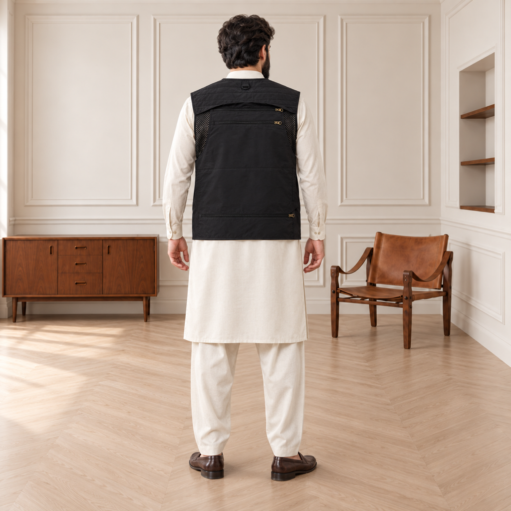 Black Afghani Style Jacket for men – model back full