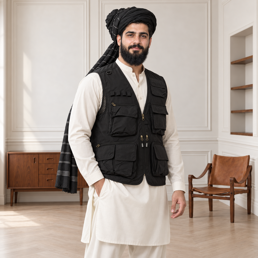 Black Afghani Style Jacket for men – turban front three quarter