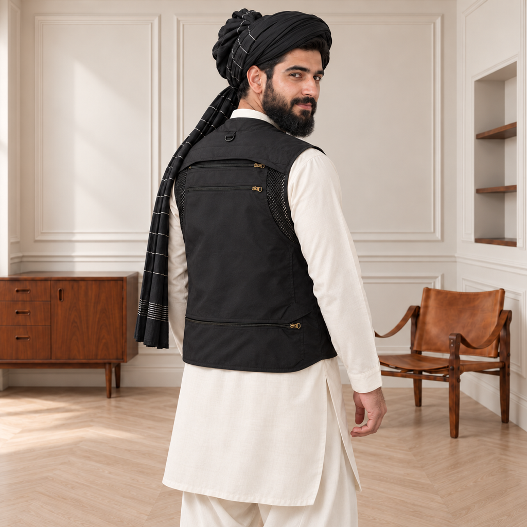 Black Afghani Style Jacket for men – turban back over shoulder