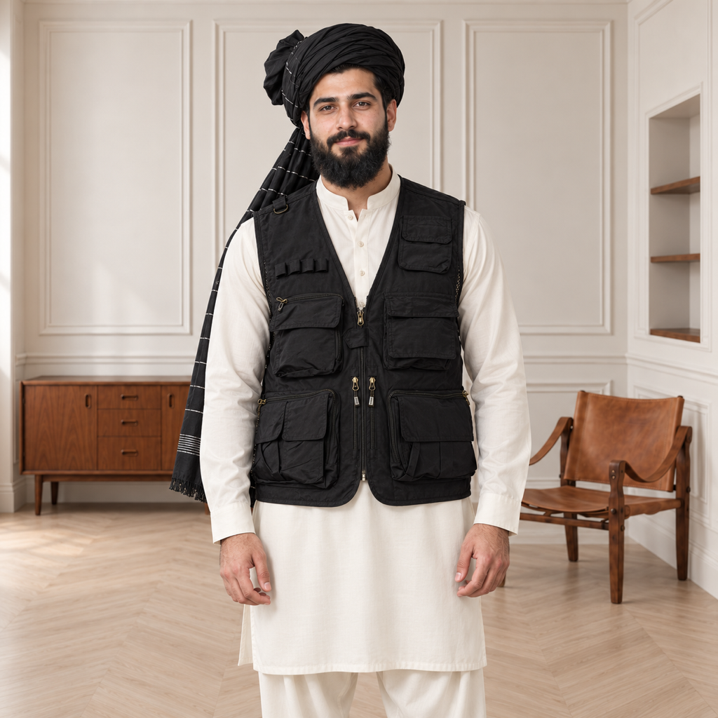 Black Afghani Style Jacket for men – turban front half body