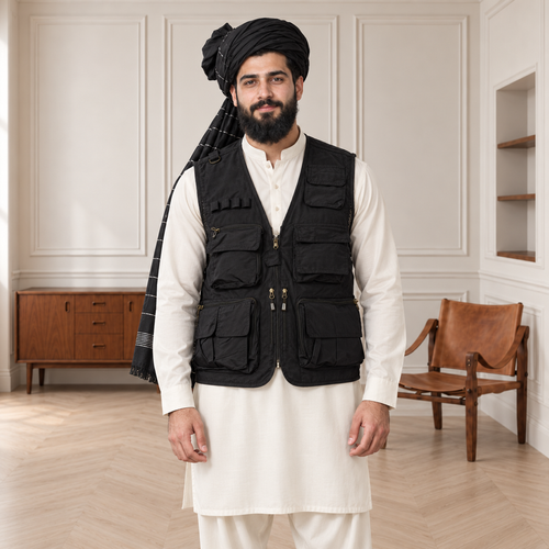 Black Afghani Style Jacket for men – turban front half body
