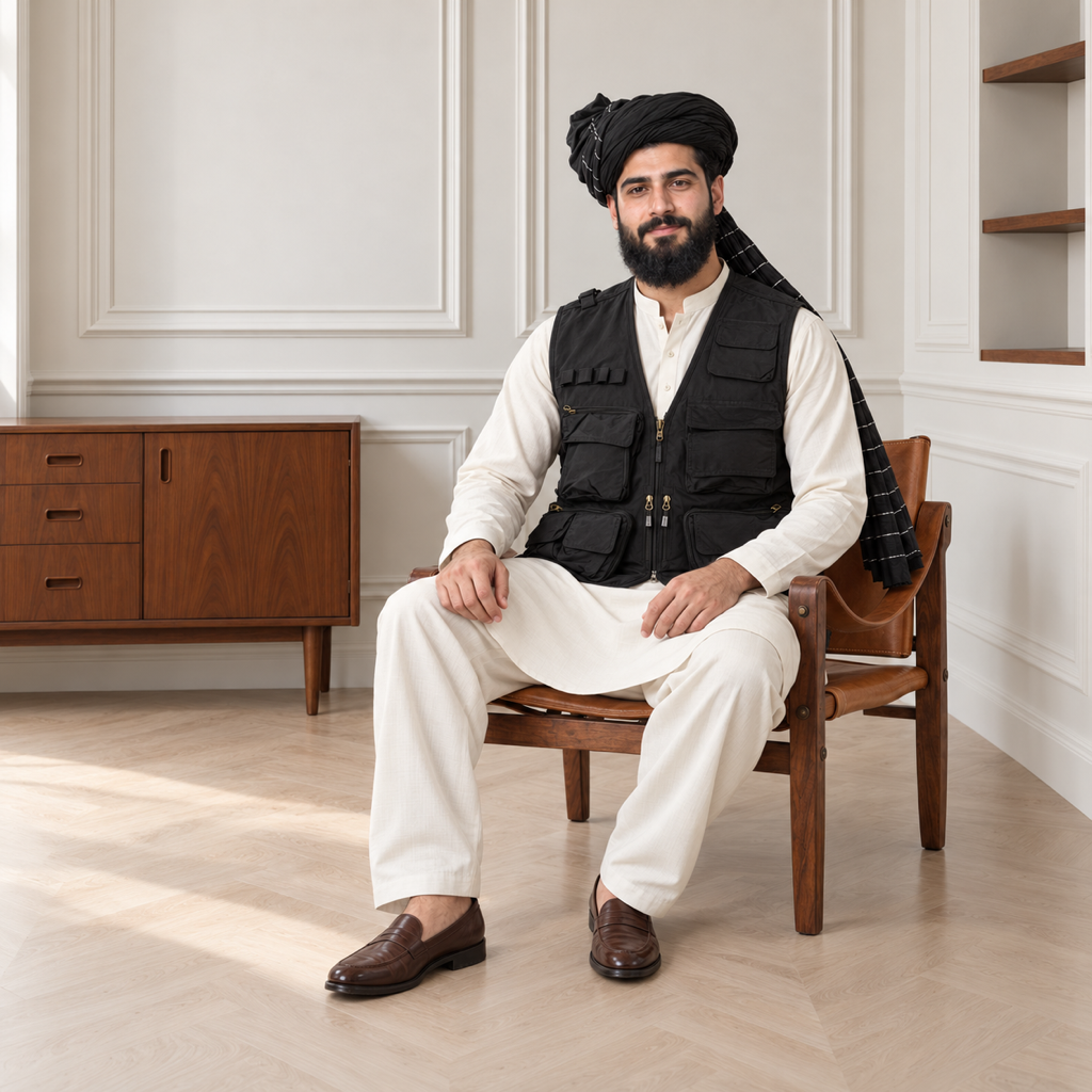 Black Afghani Style Jacket for men – turban seated