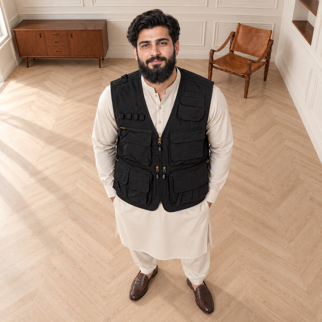 Black Afghani Style Jacket for men – model top front detail