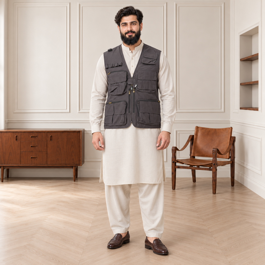 Charcoal Grey Afghani Style Jacket for men – model front full