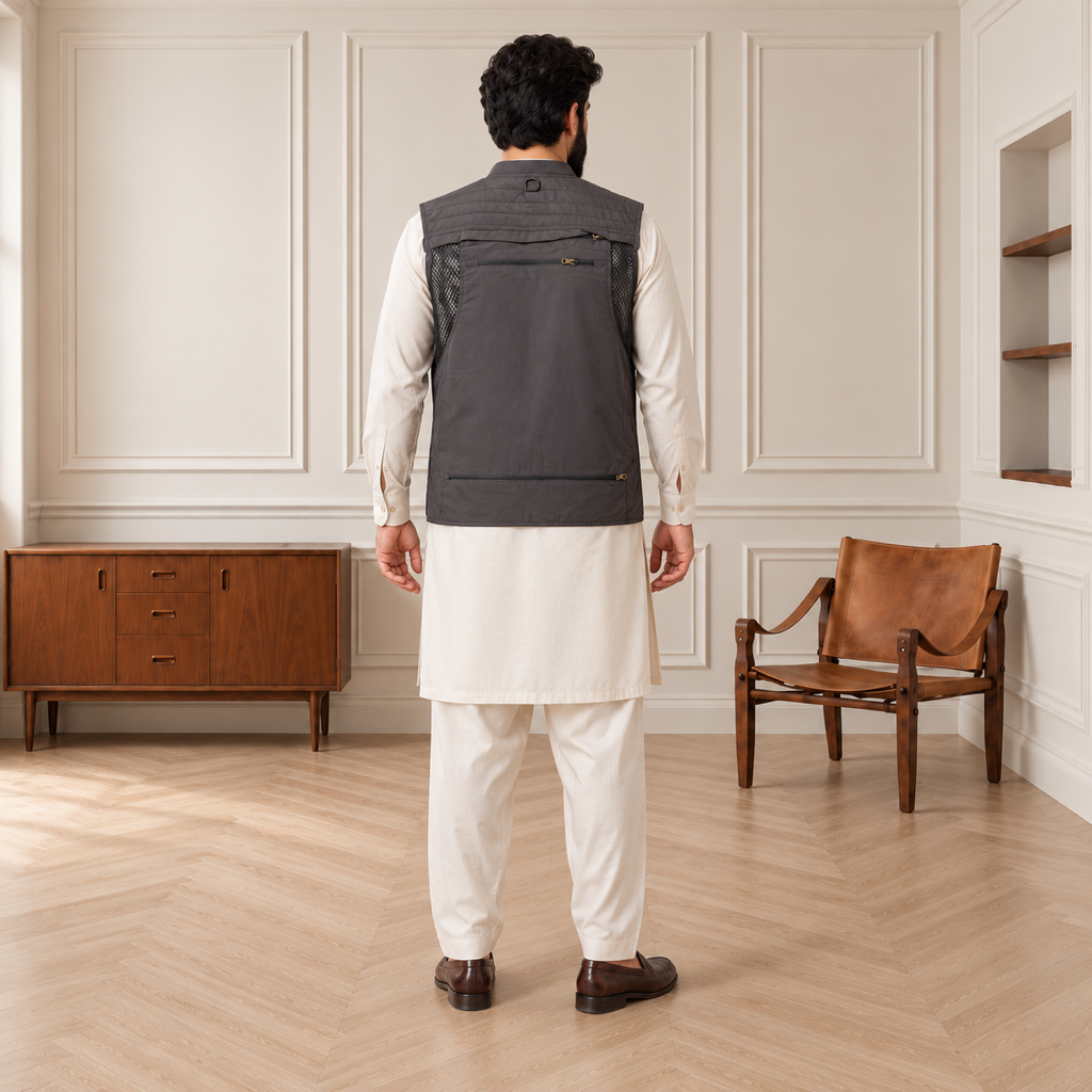 Charcoal Grey Afghani Style Jacket for men – model back full