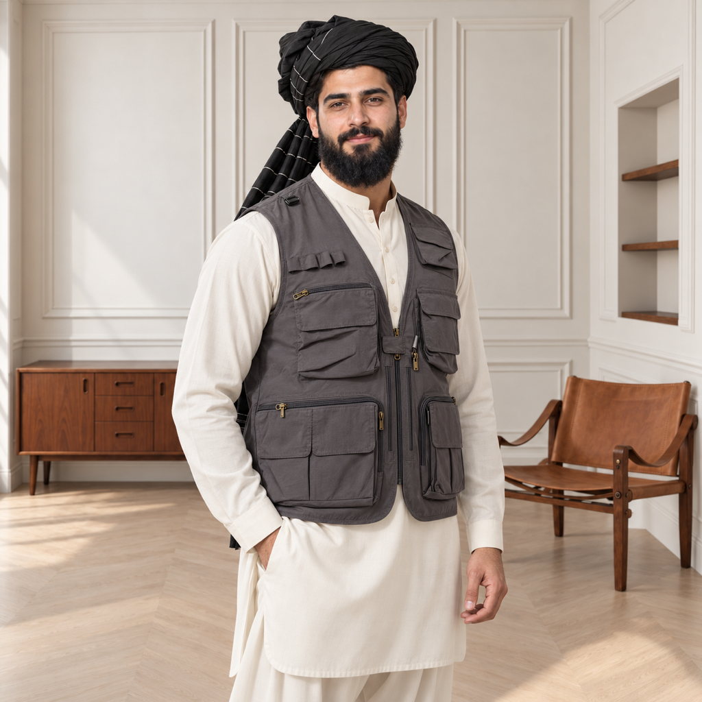Charcoal Grey Afghani Style Jacket for men – turban front three quarter