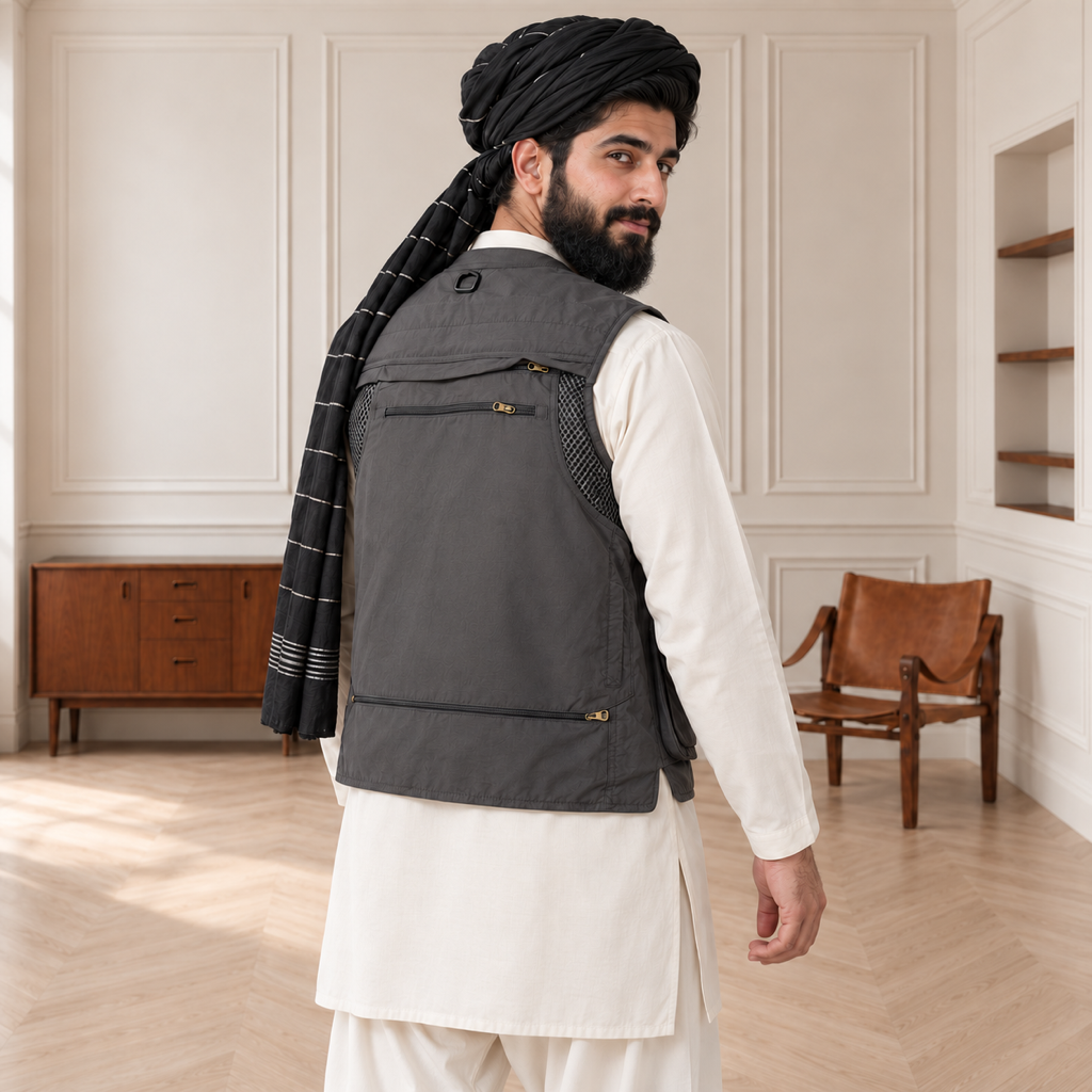 Charcoal Grey Afghani Style Jacket for men – turban back over shoulder
