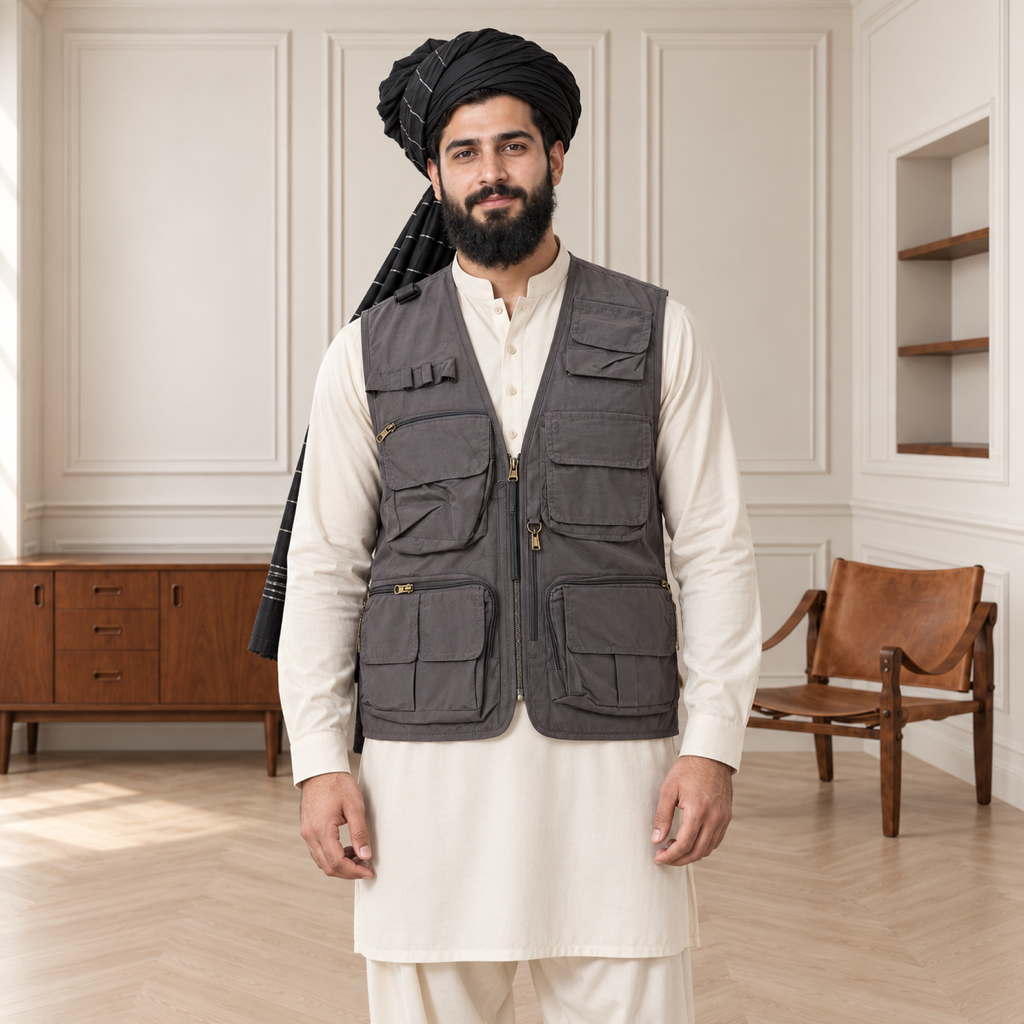 Charcoal Grey Afghani Style Jacket for men – turban front half body
