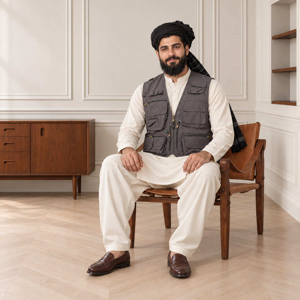 Charcoal Grey Afghani Style Jacket for men – turban seated