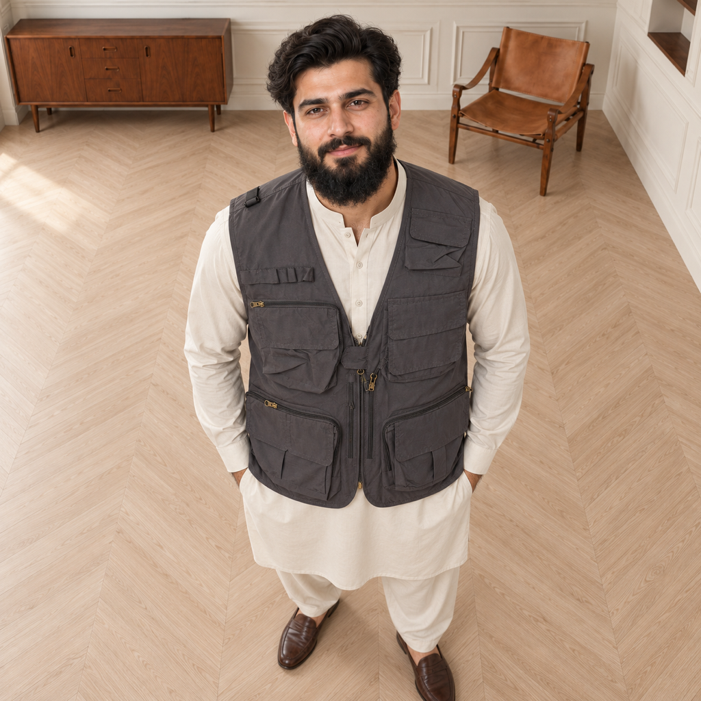 Charcoal Grey Afghani Style Jacket for men – model top front detail