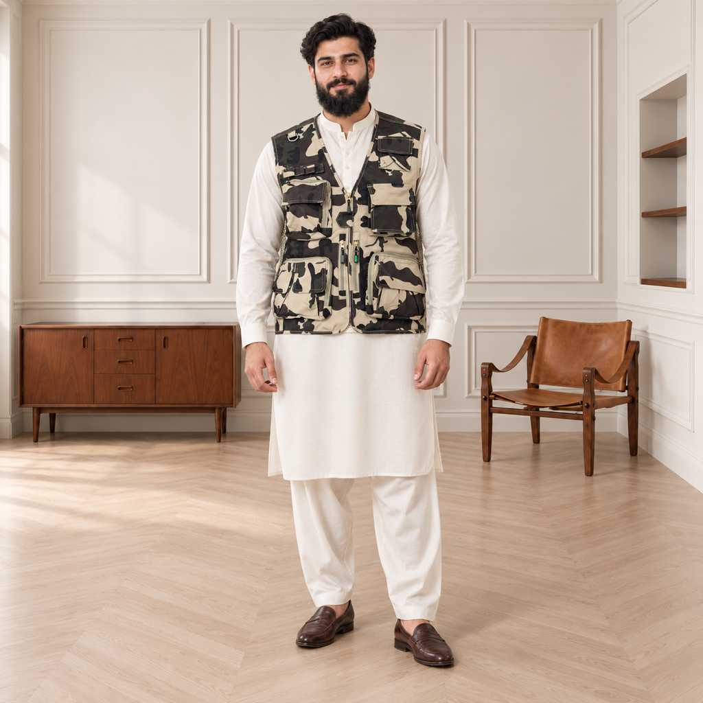 Desert Camouflage Afghani Style Jacket for men – model front full