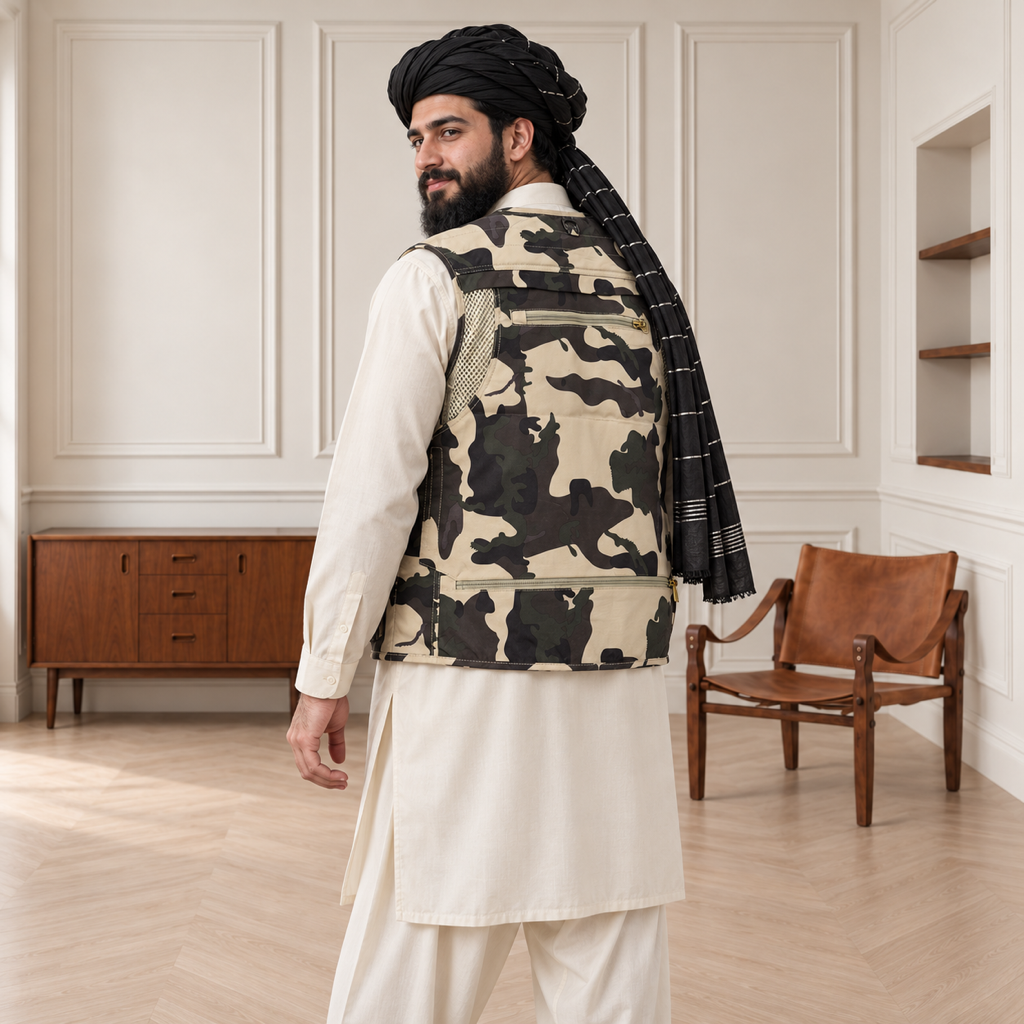 Desert Camouflage Afghani Style Jacket for men – turban back over shoulder