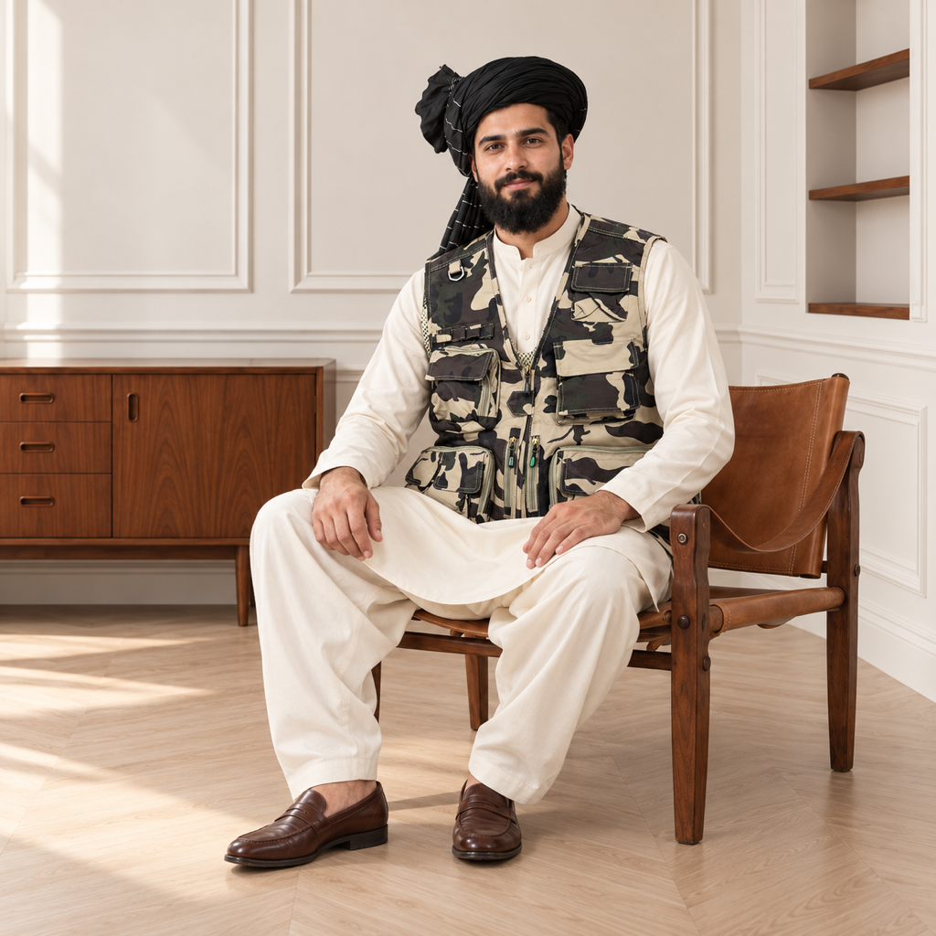 Desert Camouflage Afghani Style Jacket for men – turban seated