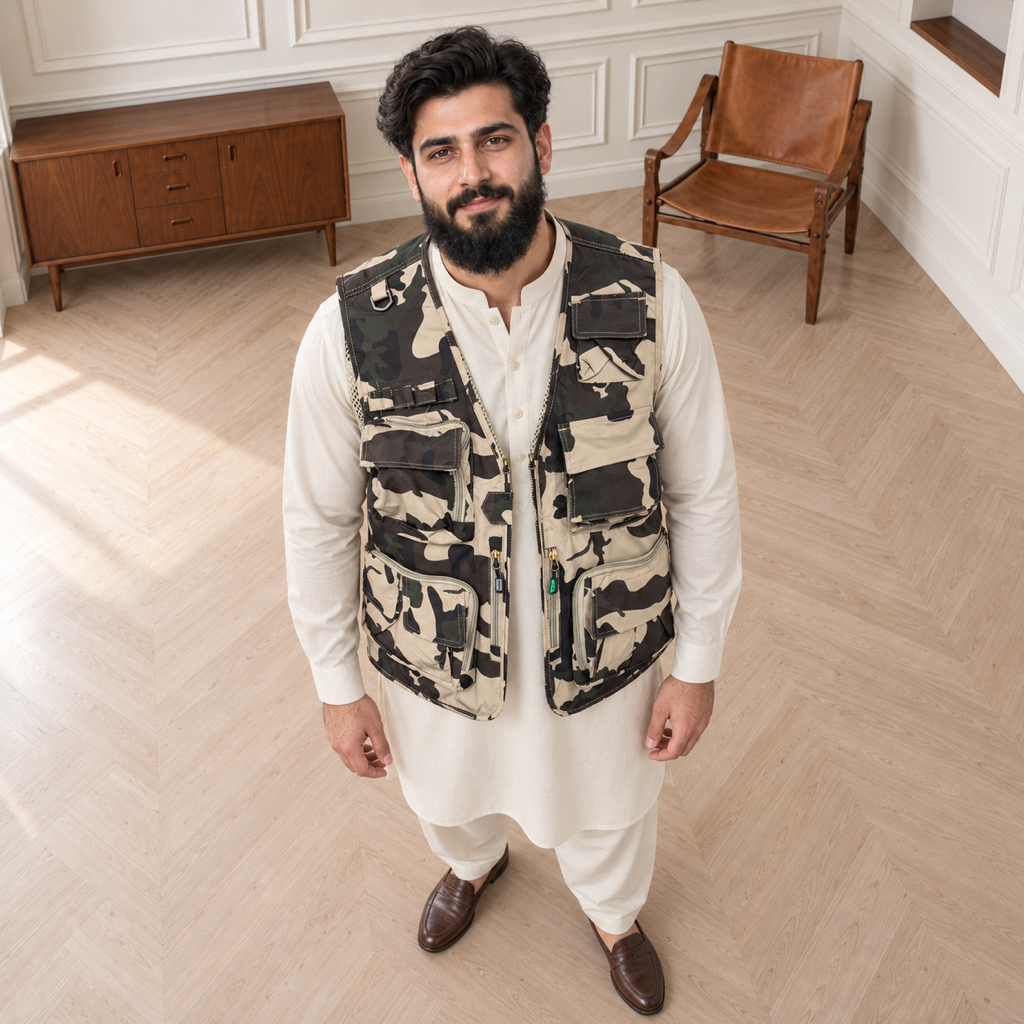 Desert Camouflage Afghani Style Jacket for men – model top front detail