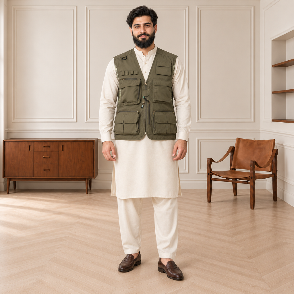 Olive Green Afghani Style Jacket for men – model front full