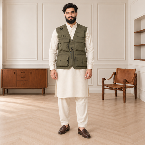 Olive Green Afghani Style Jacket for men – model front full