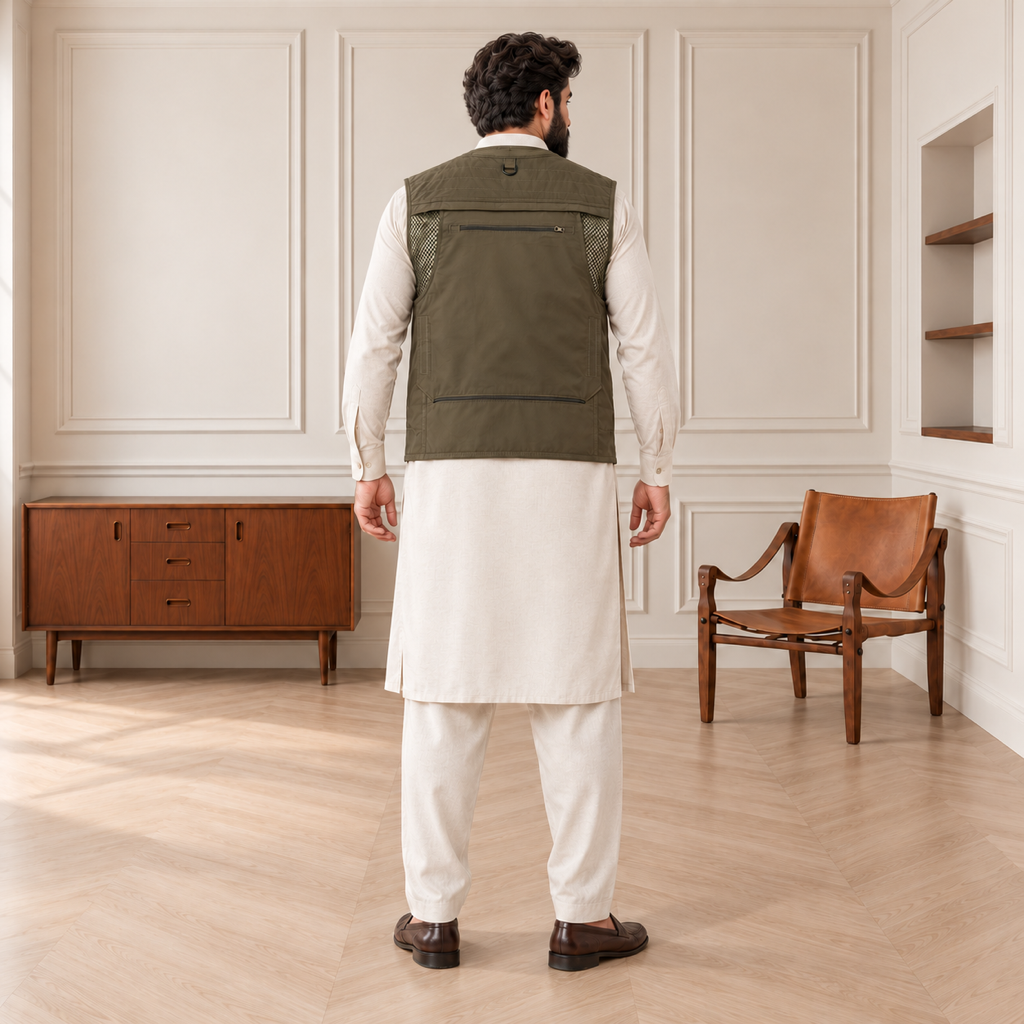 Olive Green Afghani Style Jacket for men – model back full